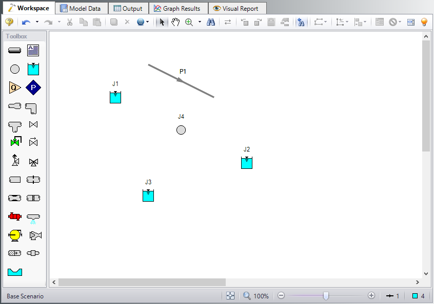 The Workspace with all junctions placed and the first pipe drawn.